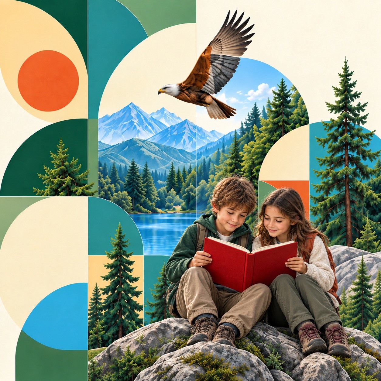 Дети читают книгу на фоне гор, леса и озера, над ними парит орёл